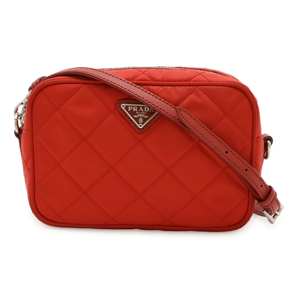 Prada Triangle Shoulder Bag Pochette Clutch Quilted Leather Red